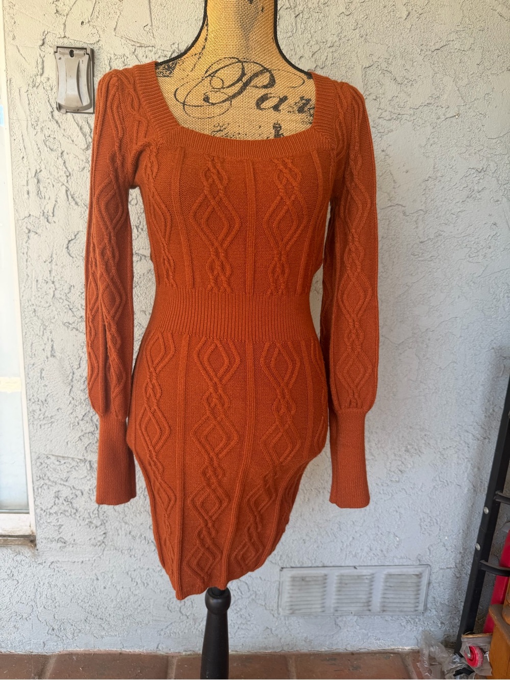 Women's Square-Neck Cable Knit Bodycon Dress - Rust